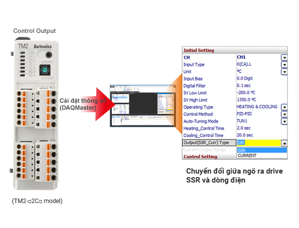 Bộ điều khiển nhiệt độ TM loại PID Autonics 6 Chuyển đổi giữa ngõ ra hiện tại và ngõ ra drive SSR TM