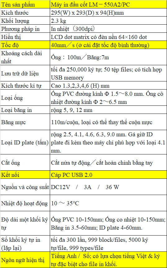 Máy in đầu cos LM-550A2 11 Thông số kĩ thuật Máy in đầu cos LM-550A2