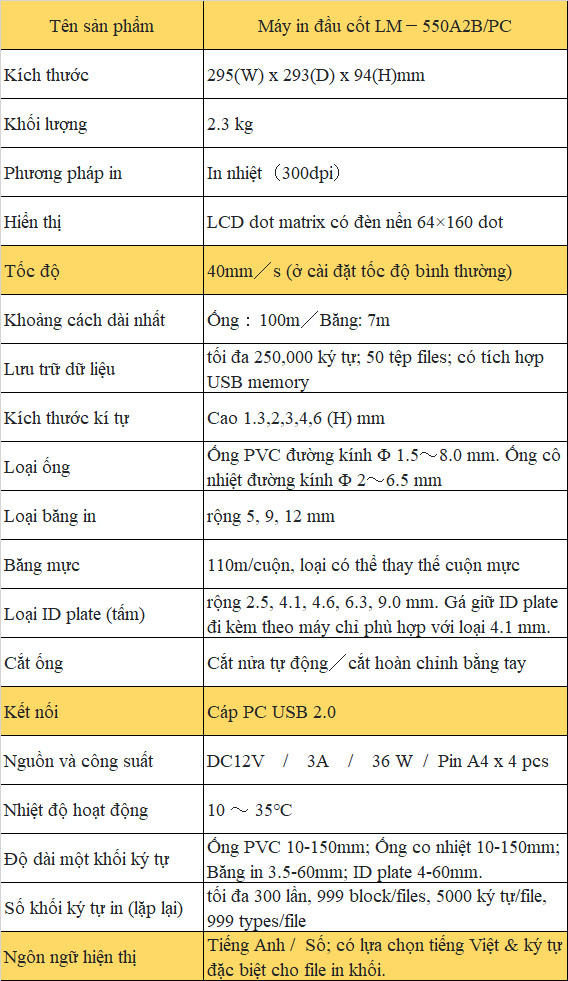 Máy in đầu cos LM-550A2B 12 Thông số kĩ thuật lm550a2b