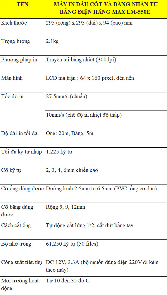 Máy in đầu cos LM-550E 3 Thông số kĩ thuật lm550e