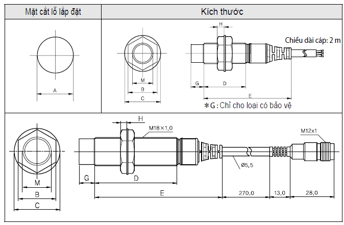 Kích thước Cảm biến tiệm cận loại DC NPN-PNP UP 8RM-1.5