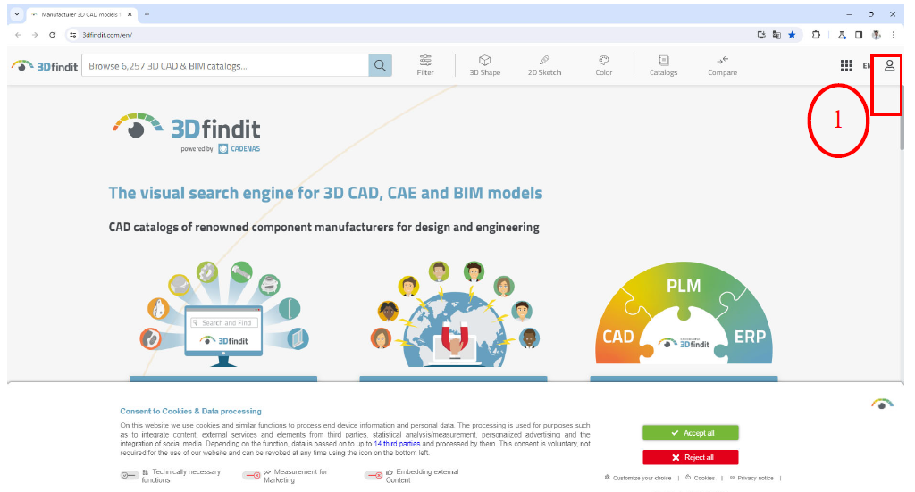 Bước 1: Truy cập địa chỉ website “3dfindit.com”, truy cập và điểm dấu (1) để đăng ký
