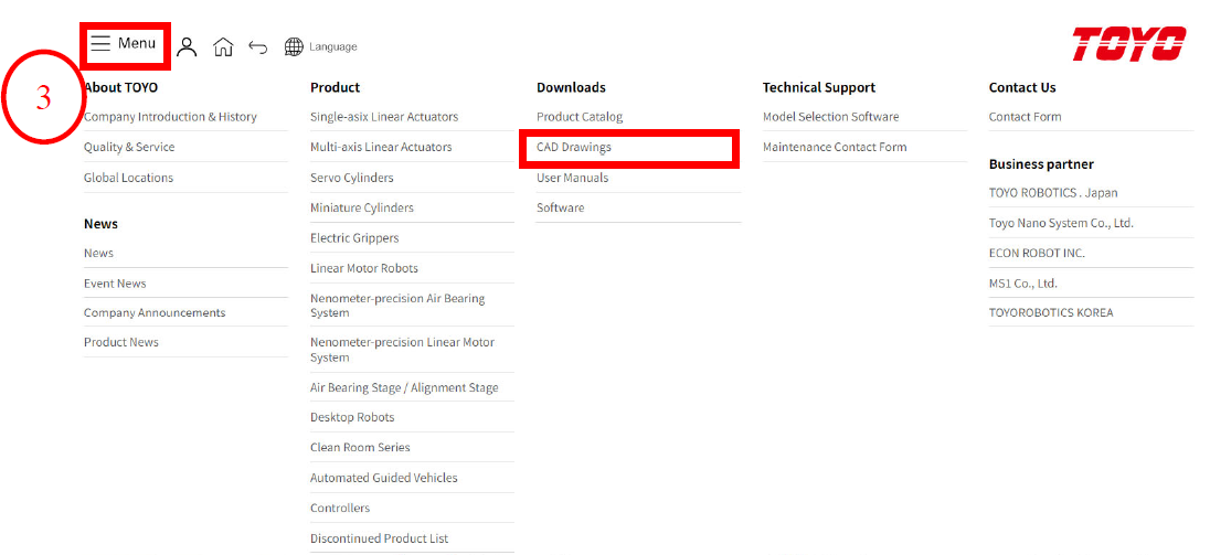 Bước 3: Click vào phần “Menu” trong mục “Download” chọn “CAD drawing”